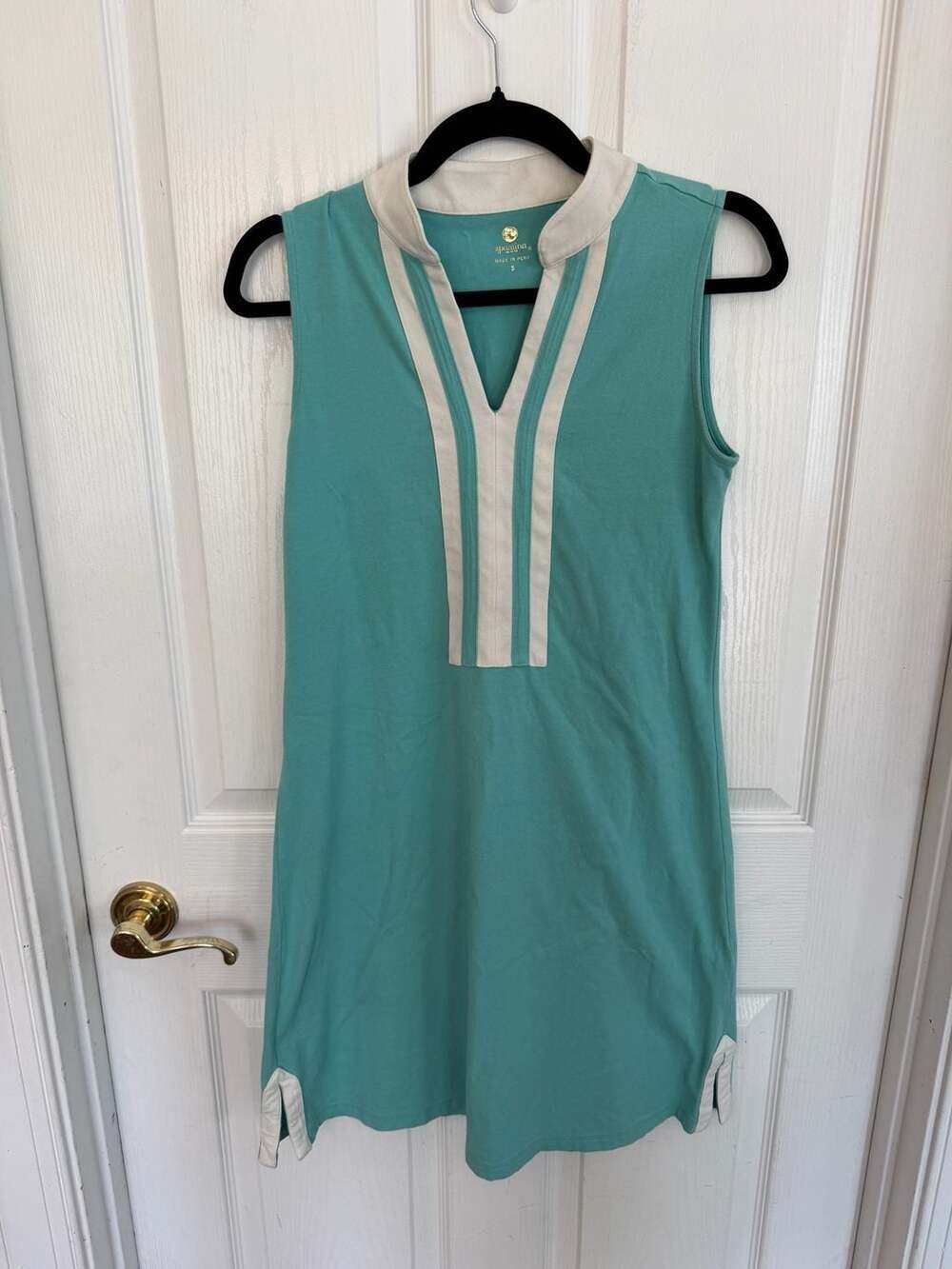 Spartina 449 Sleeveless V-Neck Shift Dress w/ Contrast Trim, Teal/White, Size S